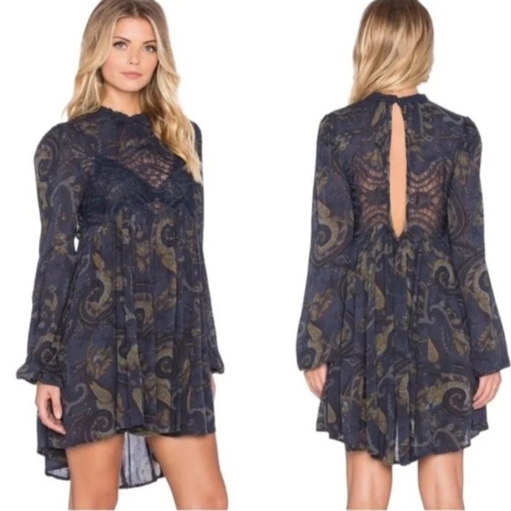 Free People Sweet Thing Dress Tunic Navy Blue Pattern with Keyhole back